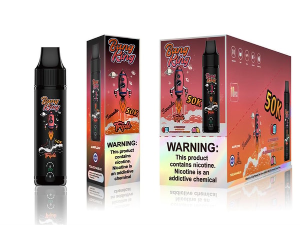 Black disposable vape device shown with two matching retail boxes featuring a pink rocket illustration, the 'Bang King' logo and '50K' and 'Triple' text, plus a prominent nicotine warning label stating the product contains nicotine.