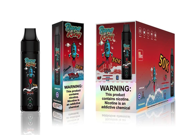 Black Bang King disposable vape device displayed next to two matching red-gradient retail boxes featuring a cartoon rocket logo, '50K' branding and a large nicotine warning label.
