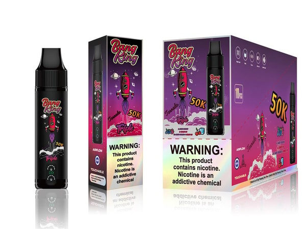 Black Bang King disposable vape device shown beside two matching purple-pink product boxes decorated with a cartoon red rocket, '50K' branding and a prominent nicotine warning label