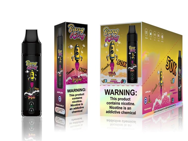 Black Bang King disposable vape device next to matching colorful retail boxes showing a cartoon yellow rocket with '50K' branding and a prominent nicotine warning label, set on a white background.