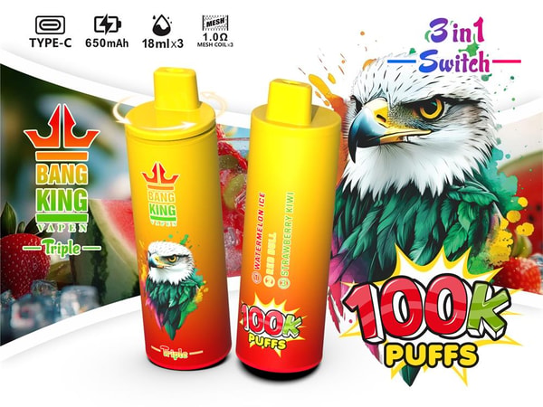 Promotional image of two yellow-to-red gradient Bang King Vapen Triple disposable vape devices featuring a colorful eagle illustration, a bold '100K PUFFS' burst, fruit (strawberry, watermelon, kiwi) background, and icons noting Type-C charging, 650mAh battery, 18ml×3 capacity, 1.0Ω mesh coils and a '3-in-1 switch'.