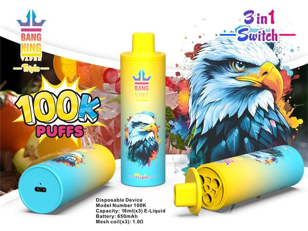 Colorful product advertisement showing three yellow-to-blue disposable Bang King vape devices featuring a large illustrated eagle, prominent promotional text reading “100K PUFFS” and “3 in 1 Switch,” and small printed specifications for capacity and battery.
