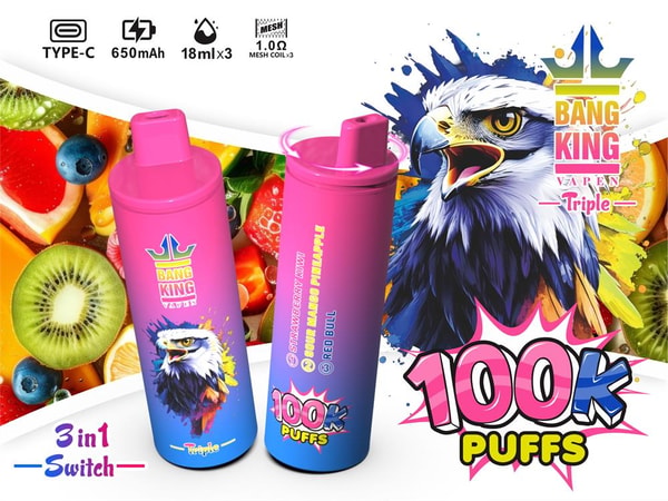 Bright promotional image of two pink-to-blue Bang King Vape Triple disposable devices with an illustrated roaring eagle, colorful fruit background and prominent text advertising 100K puffs plus icons for Type-C, 650mAh battery, 18ml×3 capacity, mesh coils and a 3-in-1 switch.