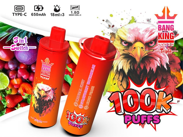 Two red-orange Bang King disposable vapes with eagle artwork and fruit graphics displayed over a colorful fruit background, featuring '100K puffs' branding and icons for Type-C, 650mAh battery, 18ml x3 e-liquid, and 1.0Ω mesh coil.