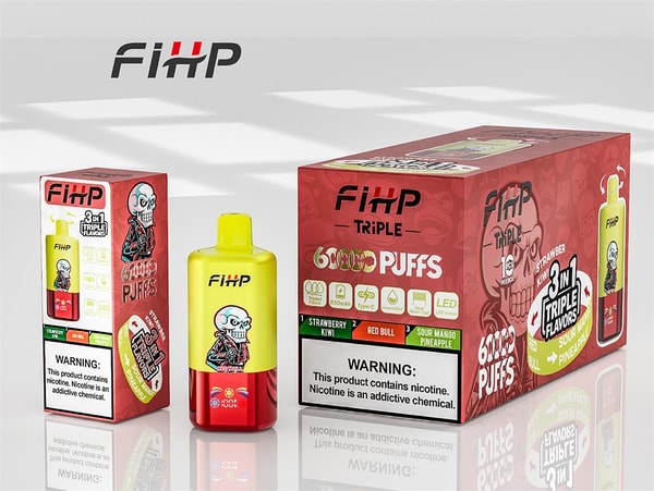 Yellow-and-red FiHP Triple disposable vape pod with skull logo displayed next to its small retail box and a larger '6000 puffs' package advertising 3-in-1 flavors (Strawberry Kiwi, Red Bull, Sour Mango Pineapple) and showing a nicotine warning label.