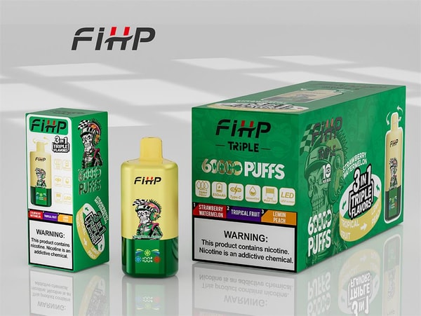 Green and yellow FIHP Triple disposable vape device and two matching green boxes showing a skull-with-helmet graphic, labeled 6000 puffs and 3-in-1 triple flavors (strawberry watermelon, tropical fruit, lemon peach) with a prominent nicotine warning.