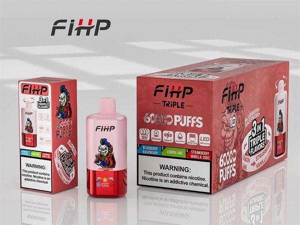 Retail display of a FiHP Triple disposable vape: a pink-and-red pod with a colorful clown logo alongside its red retail box and smaller sleeve on a reflective white surface, prominently showing “6000 PUFFS,” 3-in-1 triple flavors (blueberry raspberry, lemon lime, strawberry vanilla coke) and nicotine warning labels.