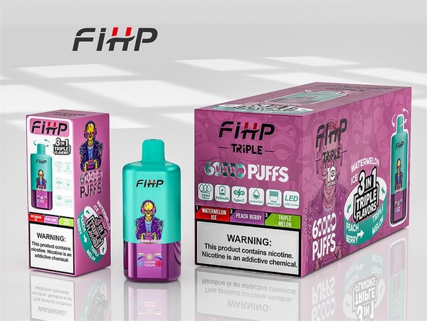 Teal and purple disposable vape device displayed with matching pink-and-purple retail boxes branded "FiHP Triple" advertising 6000 puffs, 3-in-1 flavors (Watermelon Ice, Peach Berry, Triple Melon) and a nicotine warning.