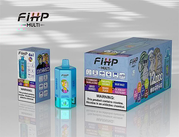 Turquoise-themed FIHP Multi vape packaging and device: a small retail box at left, a matching blue disposable device center, and a larger multi-pack box at right displaying the FIHP Multi logo, cartoon monkey graphics, flavor color tiles, '12,000 puffs' text and a prominent nicotine warning.
