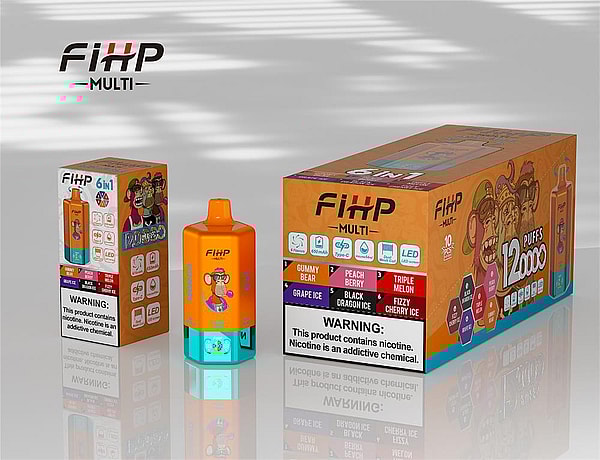 Orange FIHP Multi disposable vape device shown standing on a reflective surface between its small retail box and a larger multi-pack box, both featuring colorful cartoon monkey artwork, flavor icons and a prominent "12,000 puffs" claim with a nicotine warning label.