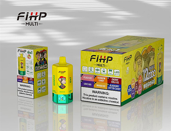 Bright yellow FiHP Multi disposable vape device between two matching yellow-green boxes showing a cartoon monkey, a list of flavors (Peach Ice, Rainbow Candy, Cherry Cola Ice, Love 666, Mango Ice, Blueberry Cotton Candy), a large "12,000 puffs" claim and a visible nicotine warning, all reflected on a glossy surface.