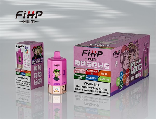 Pink FIHP Multi disposable vape device displayed with its small retail box and a larger multi-pack box on a glossy reflective surface, showing a cartoon monkey logo, color-coded flavor names, LED and battery icons, a prominent nicotine warning label and '12,000 puffs' branding.