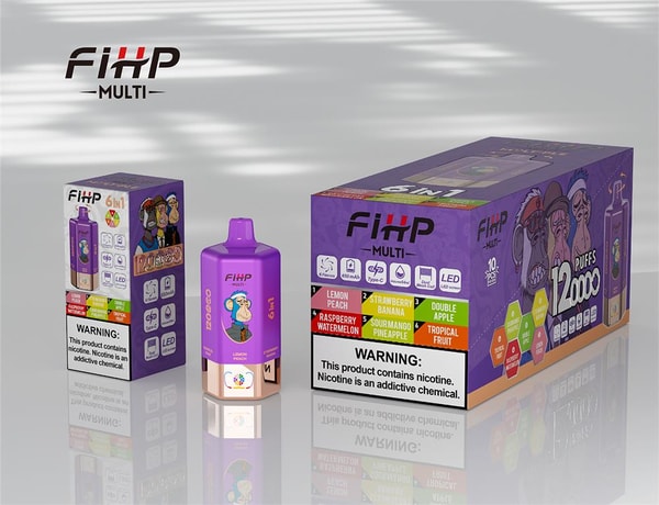 Purple FiHP Multi disposable vape device with a cartoon monkey logo stands between a small and a large matching purple product box on a reflective surface; the packaging highlights “12,000 puffs,” multiple fruit flavors, icons for Type‑C/LED, and a prominent nicotine warning.