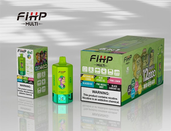 Green FIHP Multi disposable vape device alongside matching green retail boxes showing '12,000 puffs' branding, cartoon monkey illustrations, a list of six flavors and product icons, with a prominent nicotine warning label.
