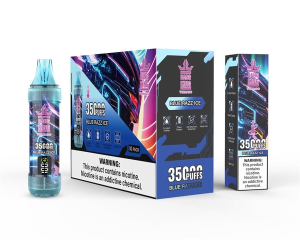 Clear blue-tinted disposable vape device and two matching retail boxes branded Bang King Tornado with neon blue and purple graphics labeled Blue Razz Ice and 35 puffs, showing nicotine warning text.