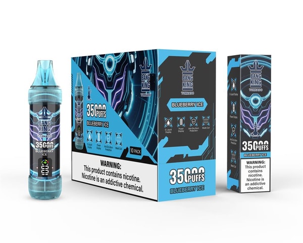 Turquoise-and-black vaping product set showing a translucent 35,000-puff Blueberry Ice device on the left and two matching retail boxes in the center and right with neon circuit-style artwork, Bang King Tornado branding, '35,000 puffs' text and nicotine warning labels.