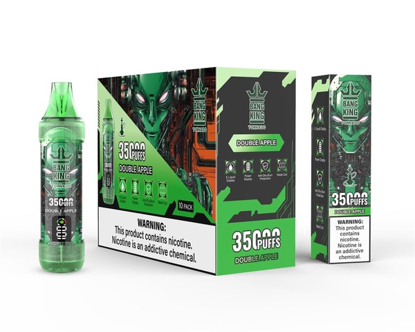 Green Bang King Tornado disposable vape device displayed alongside its matching retail box and sleeve, labeled Double Apple and 35,000 puffs, featuring a green robotic face graphic and a nicotine warning label.