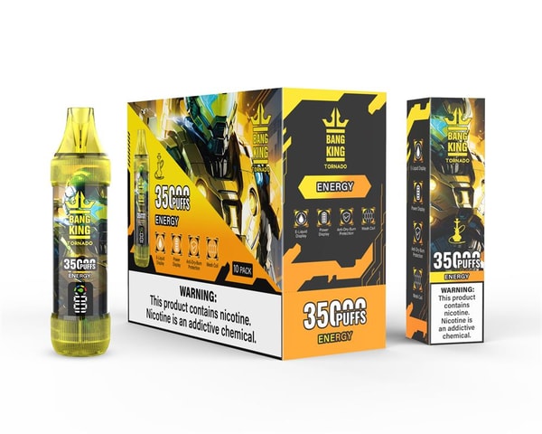 Three yellow-and-black Bang King Tornado 'Energy' vape products — a translucent yellow disposable device at left, a 10-pack display box in the center and a slim retail box at right — all showing robotic artwork, prominent '35,000 puffs' labeling, product icons and a white nicotine warning strip.