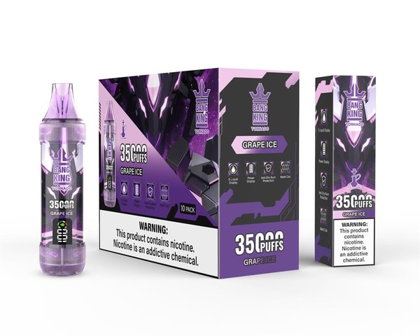 Purple Bang King Tornado 'Grape Ice' vape device, 10-pack display box, and slim retail box arranged side by side, all labeled '35,000 puffs' with purple geometric artwork and a visible nicotine warning.