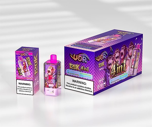 Purple retail box and matching pink disposable vape device labeled 'UOR 120K 4in1' with a roaring cartoon monkey graphic, flavor indicators and prominent nicotine warning panels.