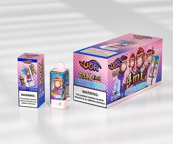 Pink-and-purple boxed set and single disposable vape device featuring cartoon gorilla artwork and '120K 4-in-1' branding with flavor names and a prominent nicotine warning label.