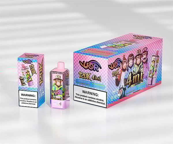Pink-and-blue checkered retail box, smaller carton, and matching pink disposable vape device decorated with cartoon apes, '120k 4in1' branding, flavor labels, and a bold nicotine warning on the packaging.