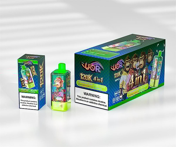 Brightly colored vape device and retail boxes featuring cartoon monkeys and '120K 4in1' branding, with a prominent nicotine warning label.