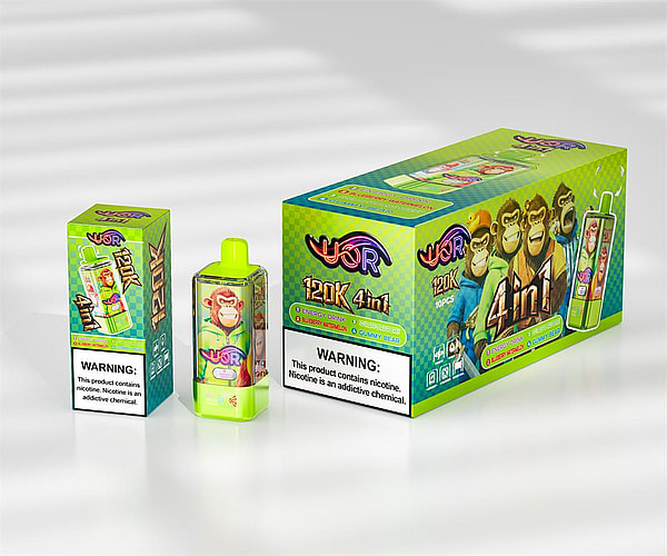 Bright lime-green disposable vape device displayed with a small and large matching box labeled “120K 4in1,” featuring cartoon gorilla illustrations, flavor icons and a prominent nicotine warning on the packaging.