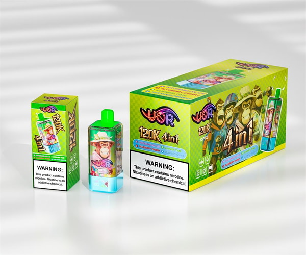 Bright green boxed vape product display on a white surface, showing a clear-and-green disposable device and two colorful packages with cartoon monkeys, '120K 4in1' branding, flavor icons and a prominent nicotine warning label.