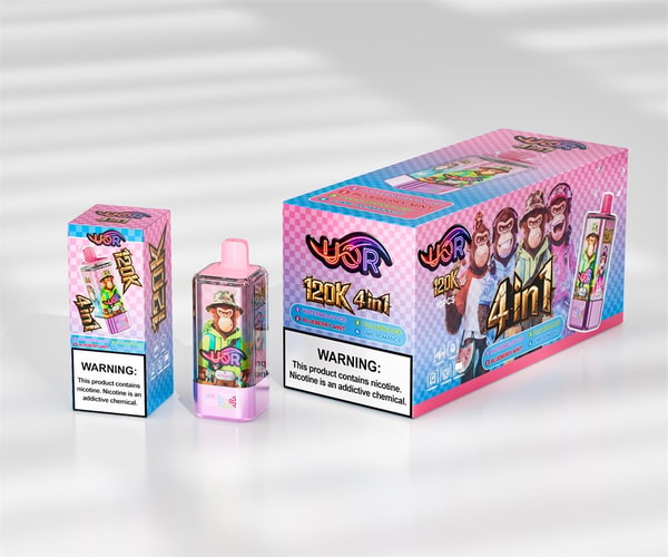 Pink-and-blue checkered retail box, smaller carton, and matching pink disposable vape device decorated with cartoon apes, '120k 4in1' branding, flavor labels, and a bold nicotine warning on the packaging.