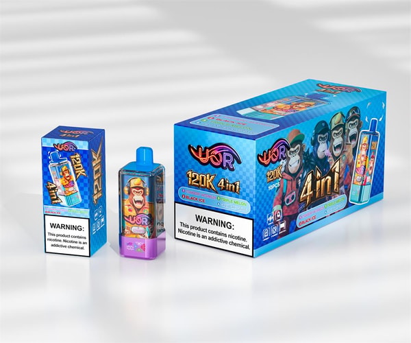Blue retail box, small carton, and a clear pod vape with colorful monkey artwork and '120K 4in1' branding on a white surface, each showing prominent nicotine warning labels.