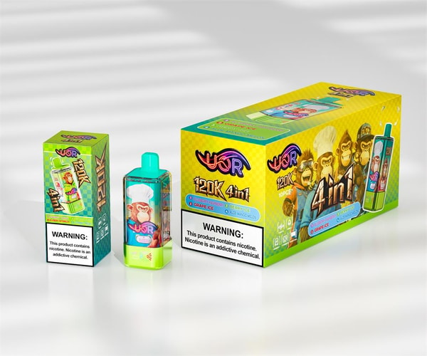 Three brightly colored vaping products — a small box, a disposable device, and a larger display box — with green-yellow packaging, cartoon monkey illustrations, '4 in 1' and '120K' branding, flavor listings, and prominent 'WARNING: This product contains nicotine' labels.