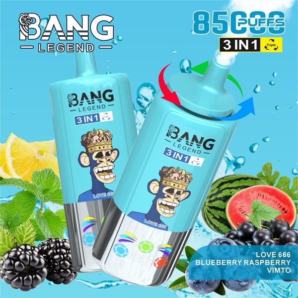 Two turquoise Bang Legend 3-in-1 disposable vapes with a crowned ape logo and rotating mouthpiece on a watery blue background surrounded by lemon, mint, blackberries, watermelon and blueberries, labeled Love 666 and Blueberry Raspberry Vimto.