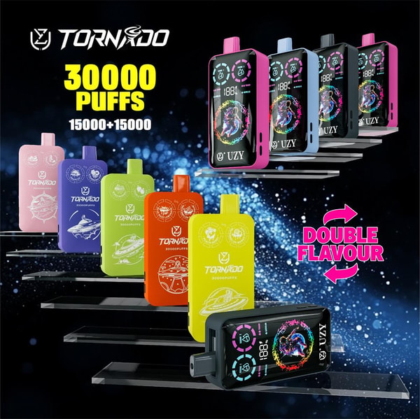Colorful advertisement featuring multiple Tornado UZY rectangular disposable vape devices in various colors and digital-display models arranged in rows against a starry blue background, with large text reading 30000 PUFFS (15000+15000) and a pink DOUBLE FLAVOUR arrow.