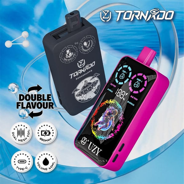Two rectangular Tornado UZY vape devices floating against a blue swirling sky background — a matte black unit with white UFO and flavor icons and a glossy magenta unit showing a colorful touchscreen with a neon animal graphic and numeric readout, accompanied by a 'DOUBLE FLAVOUR' label, Tornado logo, and circular icons for dual mesh coil, 850mAh, Type‑C, and 40ml capacity.