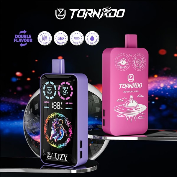 Two colorful Tornado UZY vape devices displayed on reflective platforms against a dark, sparkly background — a front purple device with a glossy touchscreen showing circular icons, battery percentage and a multicolored abstract graphic, and a pink device with a white logo, UFO illustration and “30000 PUFFS” text, with promotional icons and a 'DOUBLE FLAVOUR' label above.