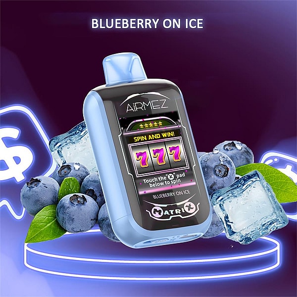 Light blue AiRMEZ vape device with a slot-machine style screen showing 777, arranged on a neon-lit purple background with blueberries, ice cubes and glowing dollar icons and the words “BLUEBERRY ON ICE” above.