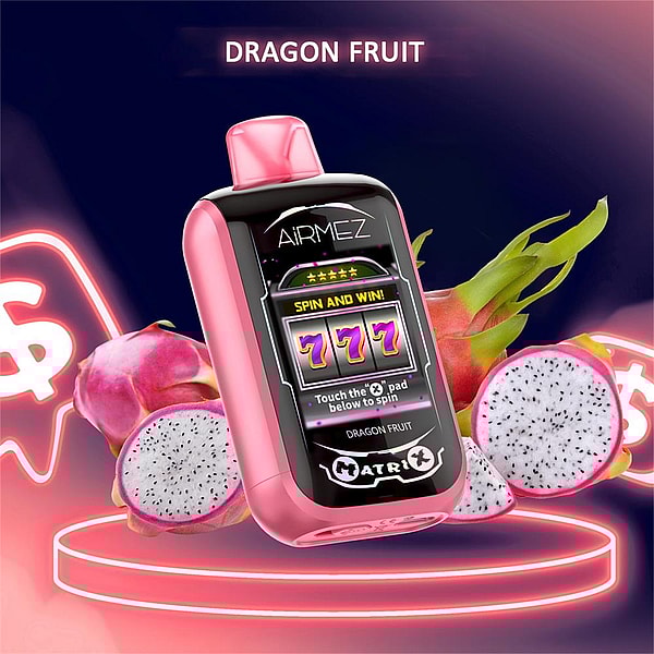 Pink Airmez handheld device with a slot-machine style screen showing '777' and 'Spin and Win!' placed on a glowing neon pedestal, surrounded by whole and sliced dragon fruit against a purple-pink gradient background.