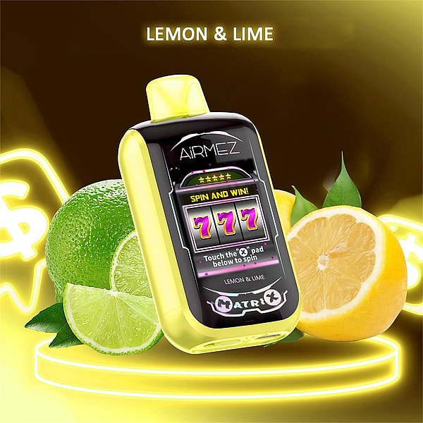 Glossy yellow AiRMEZ Lemon & Lime device with a slot-machine style 'Spin and Win 777' screen, placed on a glowing neon platform and surrounded by halved lemon and lime.
