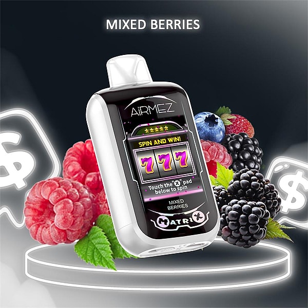 White and silver AirMez vape pod with a colorful slot-machine style screen reading 'SPIN AND WIN' and showing triple 7s, floating on a glowing round platform amid raspberries, blackberries, blueberries and a strawberry, with the words MIXED BERRIES above and glowing dollar-sign icons in the background.