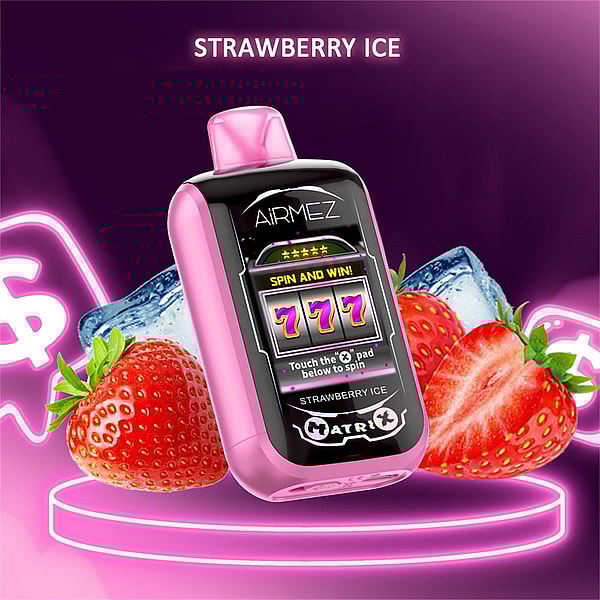 Pink Airmez vape device with a slot-machine style screen showing 777, labeled "Strawberry Ice" and surrounded by strawberries and ice cubes on a glowing neon platform.