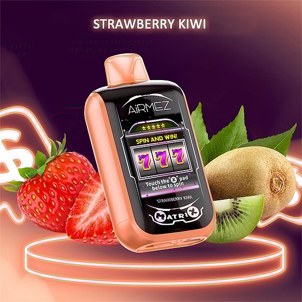 Peach-colored Airmez vape device with a slot-machine 777 display on a glowing neon pedestal, surrounded by whole and sliced strawberries and a kiwi with the words 'Strawberry Kiwi' above.