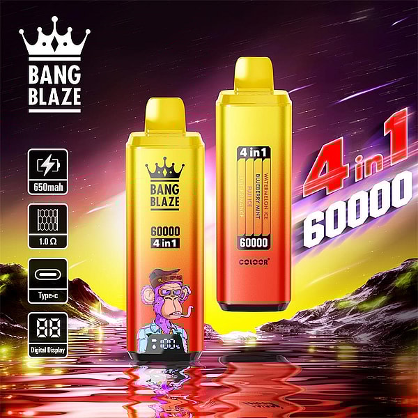 Two gold-to-orange Bang Blaze disposable vape devices labeled “60000 4 in 1,” one featuring a cartoon monkey and the other showing flavor bars, with icons for 650mAh, 1.0Ω, Type‑C and digital display, set against a purple‑yellow cosmic sky over reflective rippled water.
