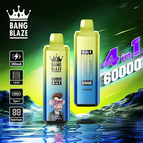 Two lime-to-blue gradient disposable vape devices labeled BANG BLAZE with a crown logo—one showing a cartoon monkey and digital display, the other showing four flavor bars—set against a neon green and blue cosmic background with water reflection and icons noting 650mAh, 1.0Ω, Type-C and a bold 4 in 1 60000 headline.