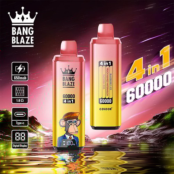 Two pink-to-gold gradient Bang Blaze disposable vape devices—one front-facing showing a cartoon monkey and a digital battery display, the other side-view listing flavors and '4 in 1 60000'—set against a purple-pink cosmic background with reflective water and feature icons for 650mAh, 1.0Ω, Type-C and digital display.