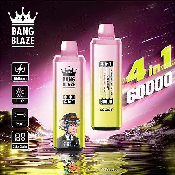 Two pink-to-yellow gradient 'BANG BLAZE' disposable vape devices standing on a reflective neon water surface with purple mountains in the background; the left device shows a cartoon ape wearing a hat and goggles and a digital battery readout, the right device displays 4-in-1 flavor labels, and large text and icons denote '4 in 1 60000', 650mAh, 1.0Ω, Type-C and digital display.