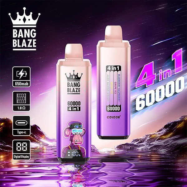 Two rose-gold to purple gradient Bang Blaze disposable vape devices set against a purple cosmic sky and reflective water, featuring '4 in 1 60000' branding, a cartoon monkey graphic, flavor strip and icons for 650mAh, 1.0Ω, Type-C and digital display.