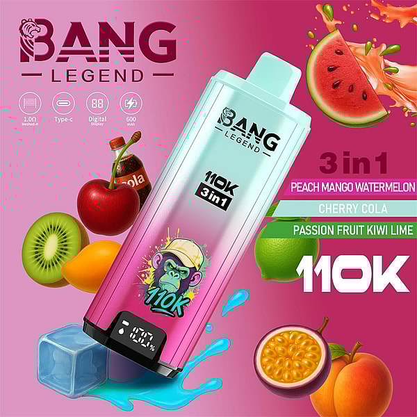 Mint-to-pink gradient Bang Legend 110K 3-in-1 disposable vape with a digital display and monkey logo, shown amid splashes, an ice cube and fruit imagery—watermelon, cherry, kiwi, passion fruit, peach, mango—and a small cola bottle with flavor labels.