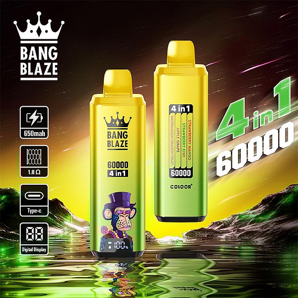 Two yellow-green Bang Blaze disposable vape devices labeled "60000 4-in-1" with a small cartoon monkey graphic, flavor indicators and a digital display, reflected on green water against a glowing mountainous background with feature icons for 650mAh, 1.0Ω and Type‑C.
