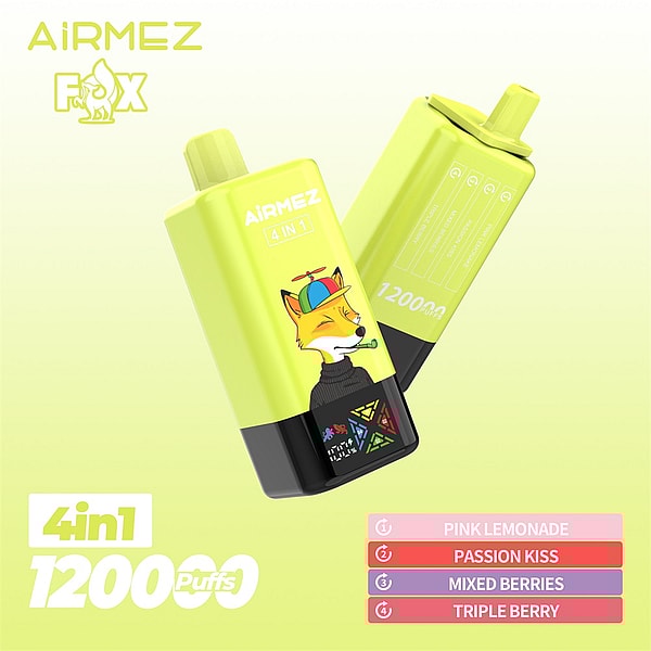 Two lime-green Airmez Fox 4-in-1 disposable vape devices floating on a pale green background; the front unit shows a cartoon fox wearing a propeller hat and black turtleneck, the rear unit displays '12000 puffs' and a flavor chart listing Pink Lemonade, Passion Kiss, Mixed Berries, and Triple Berry, with the Airmez logo at the top left.